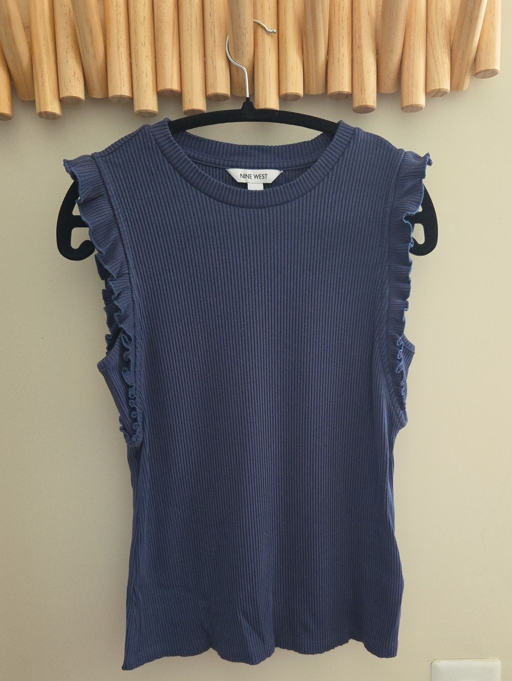 Nine West Navy Ribbed Tank with Ruffle Cap Sleeves